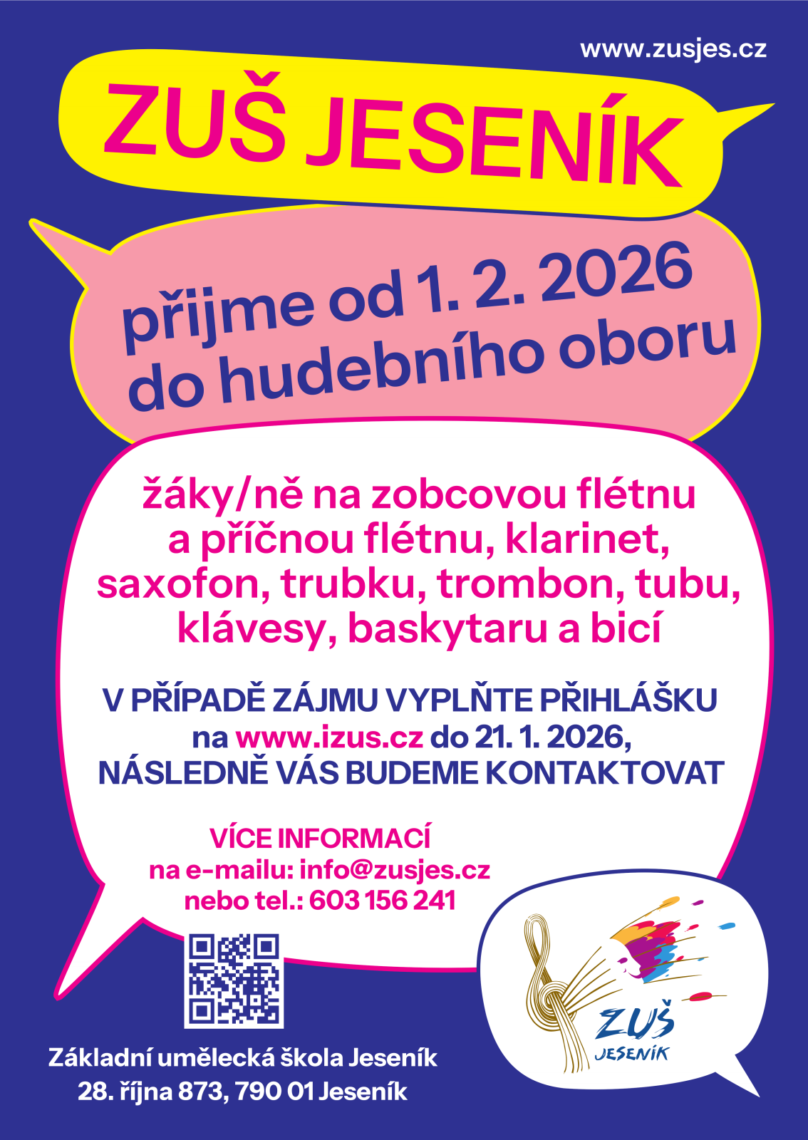 ZUŠ Jeseník přijme od 1.2.2026 nové žáky