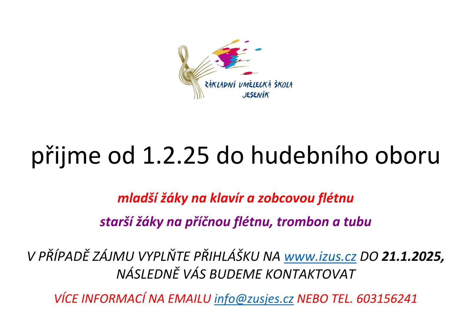 ZUŠ Jeseník přijme od 1. 2. 2025 do hudebního oboru: