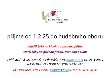 ZUŠ Jeseník přijme od 1. 2. 2025 do hudebního oboru: